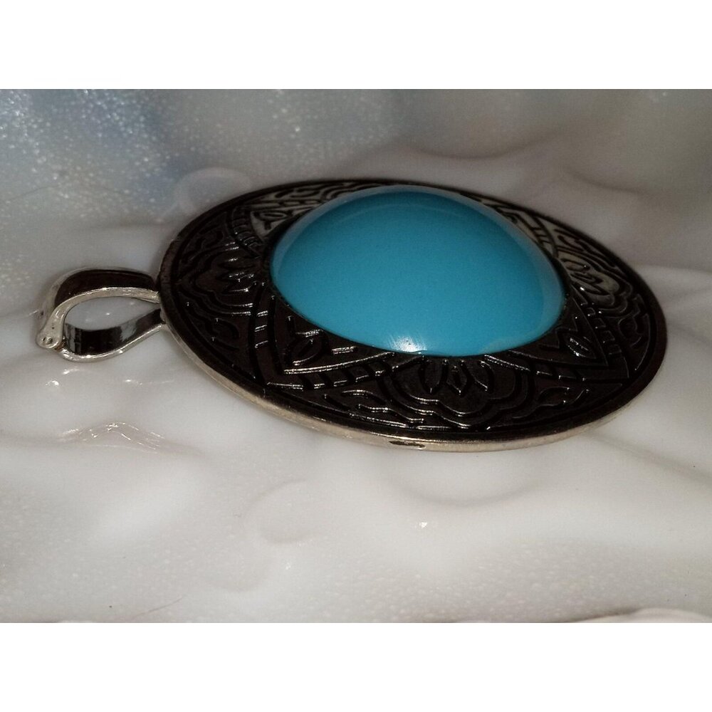 NOS- Vintage Large Silver Plated Turquoise Glass Pendant - Picture 4 of 5